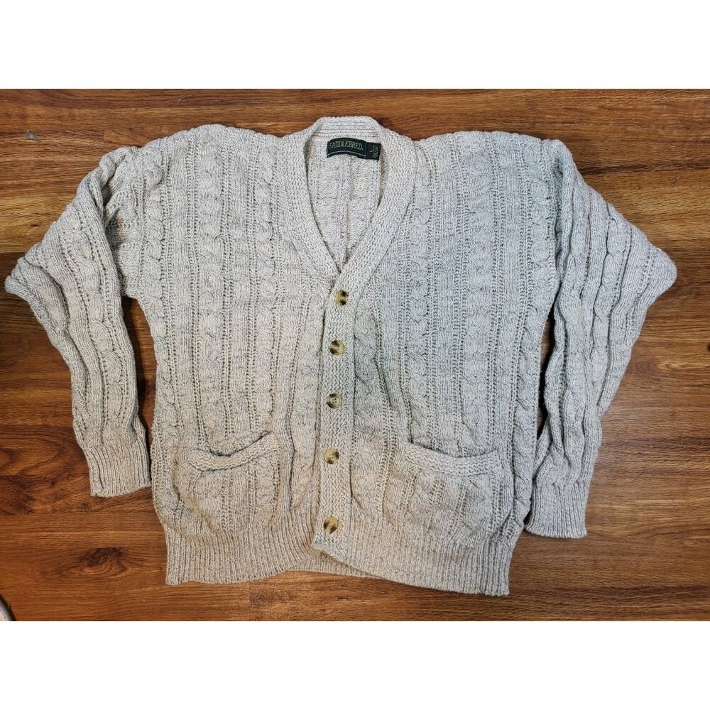 Vtge Saddlebred Gray Cable‎ Knit Chunky Mens Cardigan Sweater Size L Grunge...